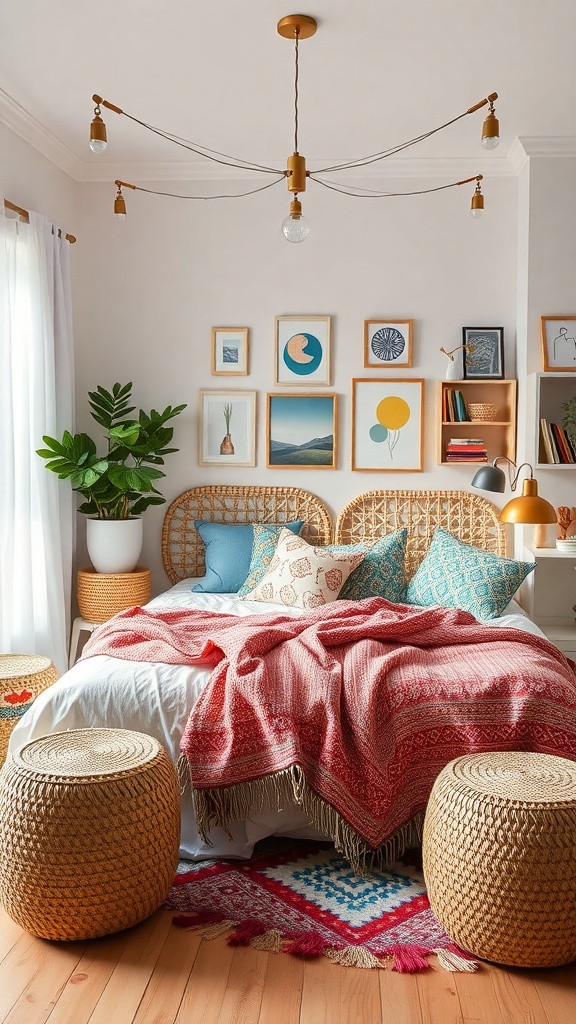 A cozy Scandinavian boho bedroom featuring a mix of colorful patterns and textures.
