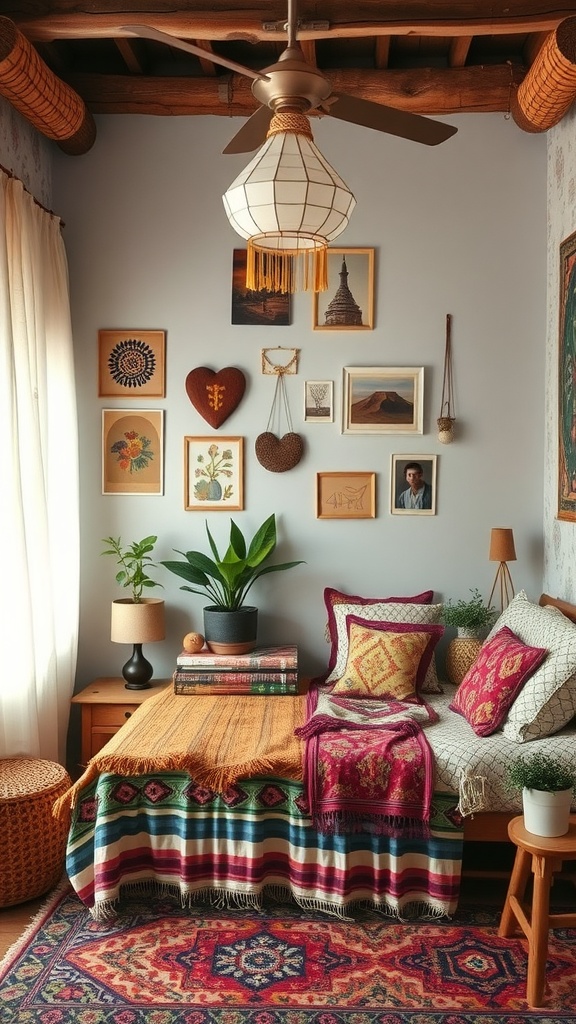 A cozy boho bedroom corner showcasing mixed patterns with a striped blanket, colorful pillows, and woven wall decor.