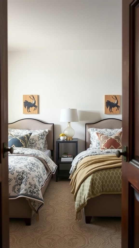 A shared bedroom with two twin beds, featuring different bedding patterns and textures, decorative pillows, and artwork on the walls.