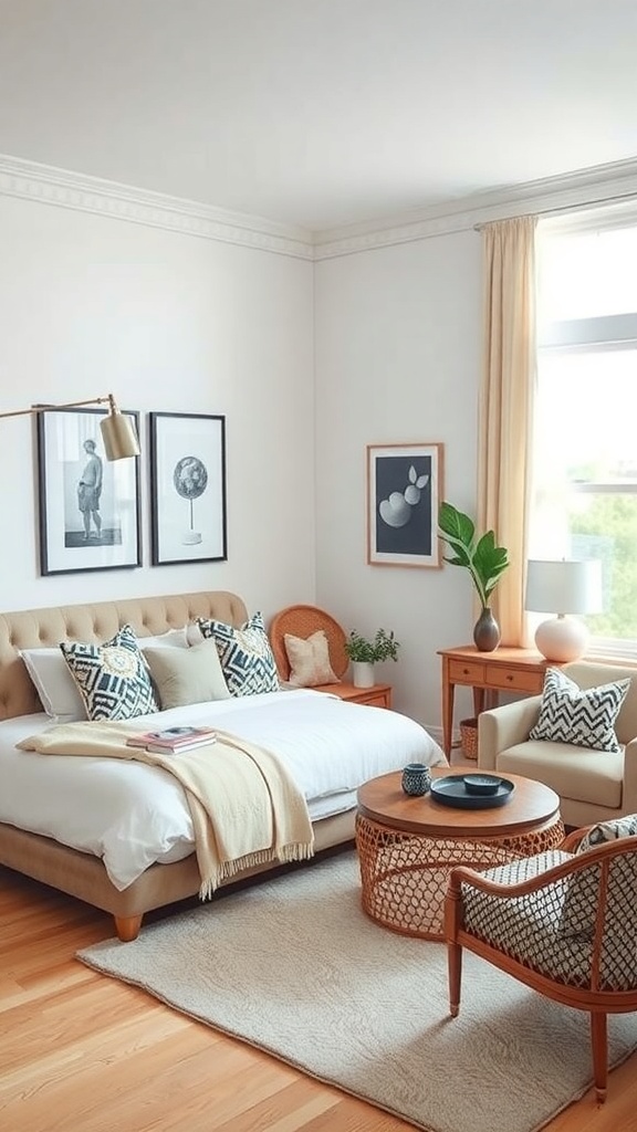 A stylish living room with a bed, patterned pillows, woven chair, and artwork on the walls.