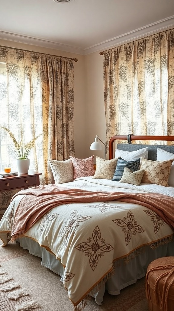 A cozy boho bedroom featuring a patterned duvet, colorful throw pillows, and textured curtains.