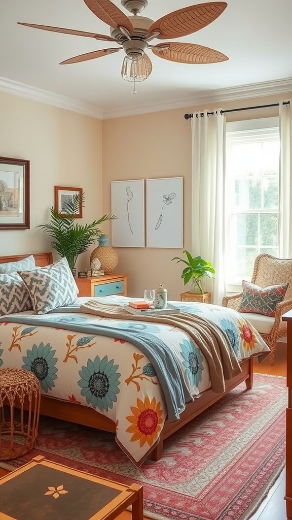 A bright summer bedroom with floral patterns on the bedding, geometric throw pillows, and a cozy seating area.