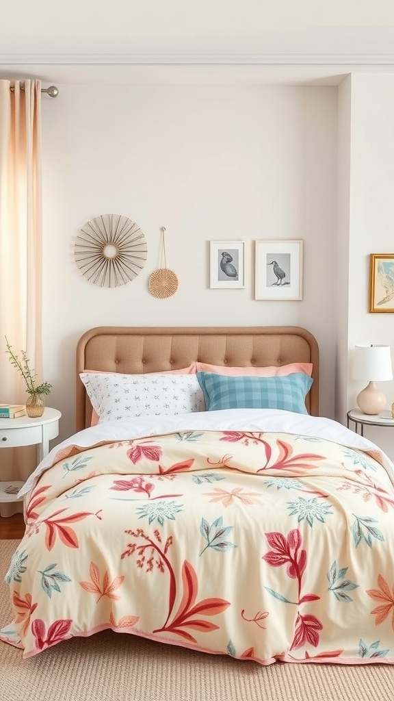 A cozy pastel bedroom featuring a floral duvet cover, patterned pillows, and soft decorative elements.