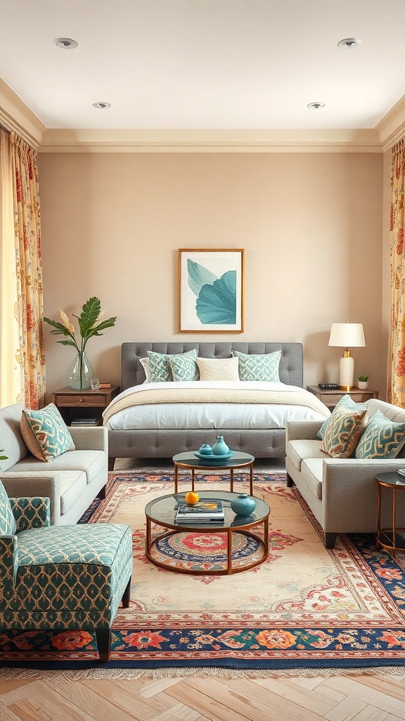 A stylish beige living room featuring patterned furniture and decor.