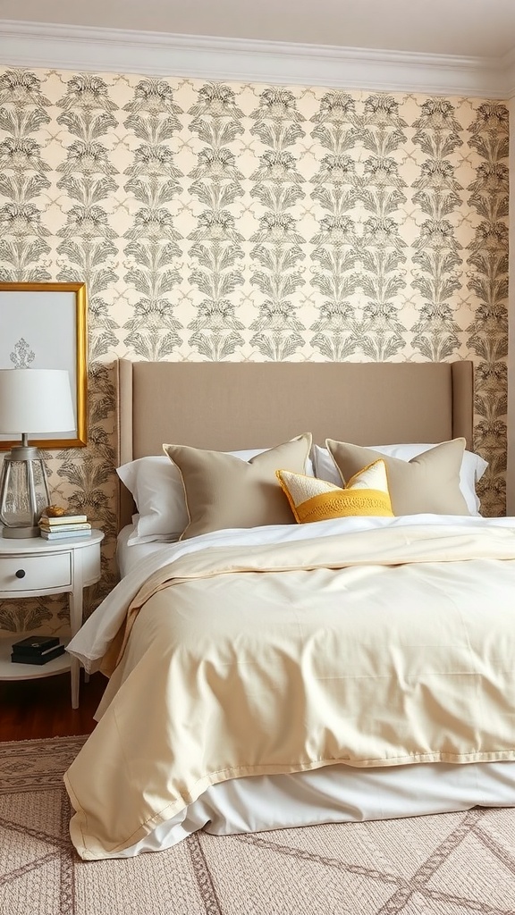 Cozy maximalist bedroom with floral wallpaper and layered bedding.