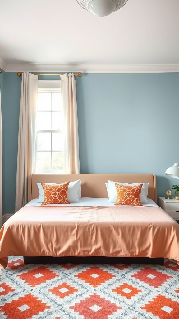 A stylish bedroom featuring burnt orange accents, a blue wall, and patterned decor.