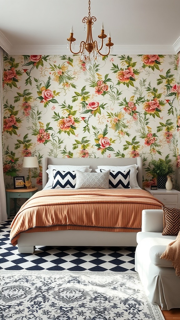 A stylish bedroom featuring floral wallpaper, a checkerboard rug, and warm bedding.