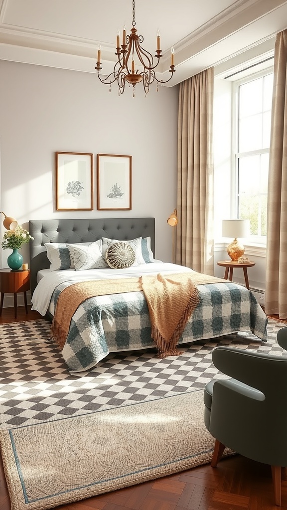 A stylish bedroom featuring a checkerboard patterned bedspread and rug, with elegant decor elements.