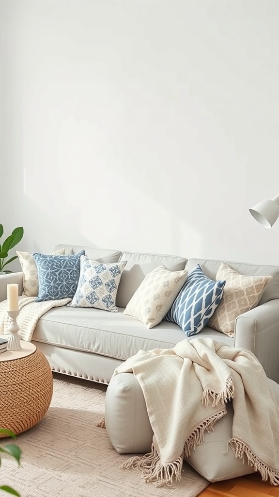 Cozy living room with a light gray couch, patterned pillows, and a woven coffee table.