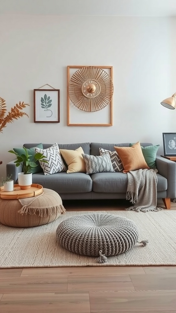 A stylish living room featuring a grey couch with mixed patterned pillows, a knitted pouf, and decorative plants.