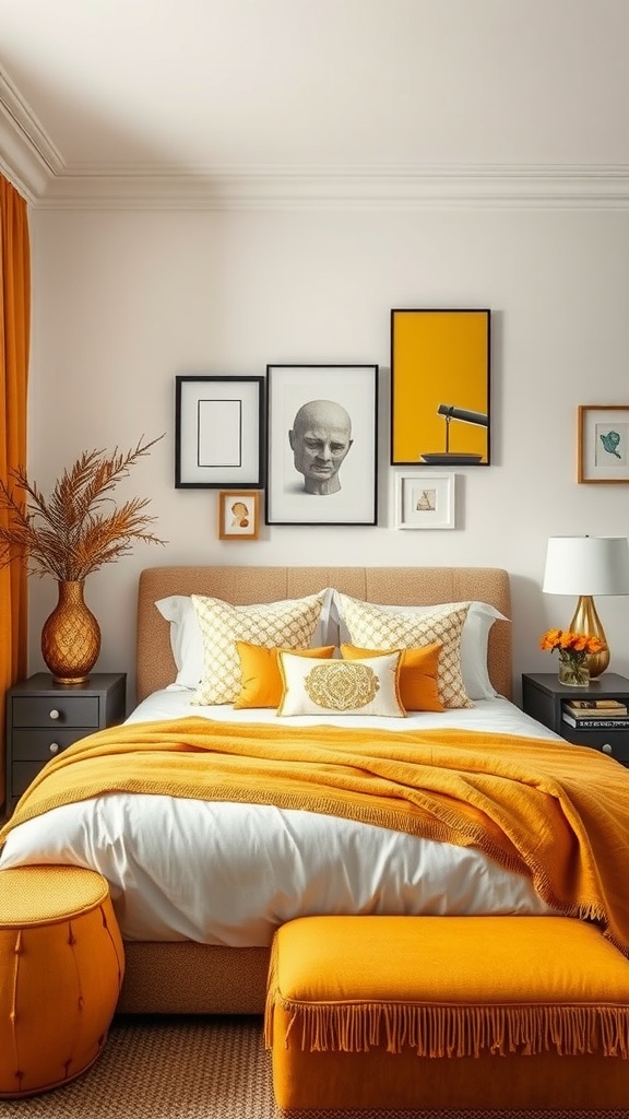 A cozy mustard yellow bedroom featuring a mix of patterns in pillows and decor.