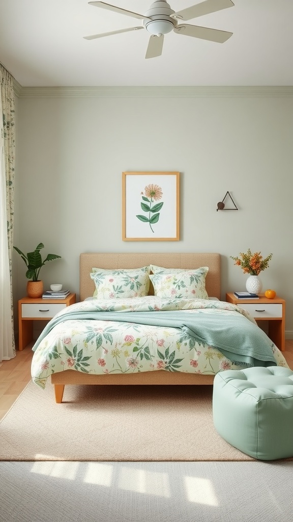A cozy sage green bedroom featuring floral bedding, a botanical print, and a soft rug.