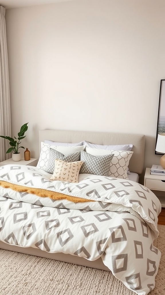 Cozy bedroom with a white and beige color scheme featuring patterned bedding and decorative pillows.