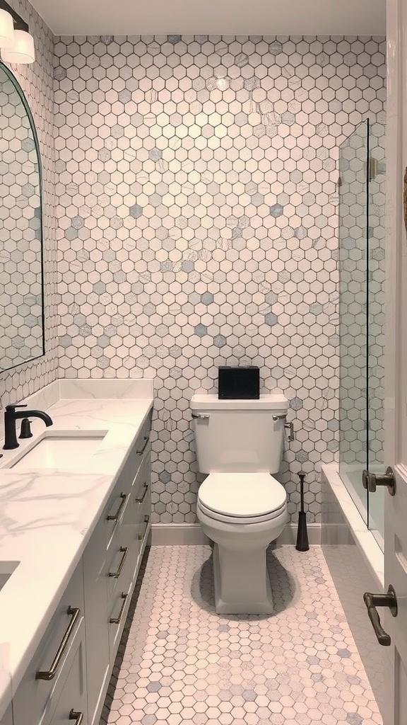 A bathroom featuring a penny tile floor and wall, with a modern white vanity and clear glass shower enclosure.