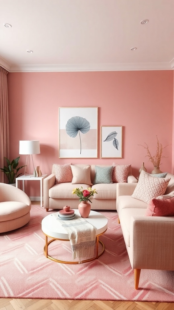 A stylish living room featuring pink walls, neutral furniture, and decorative elements.