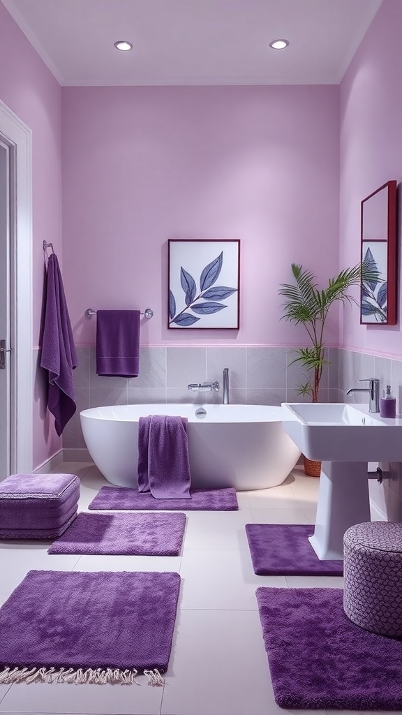 A purple-themed bathroom featuring lavender walls, deep purple towels, and decorative elements.