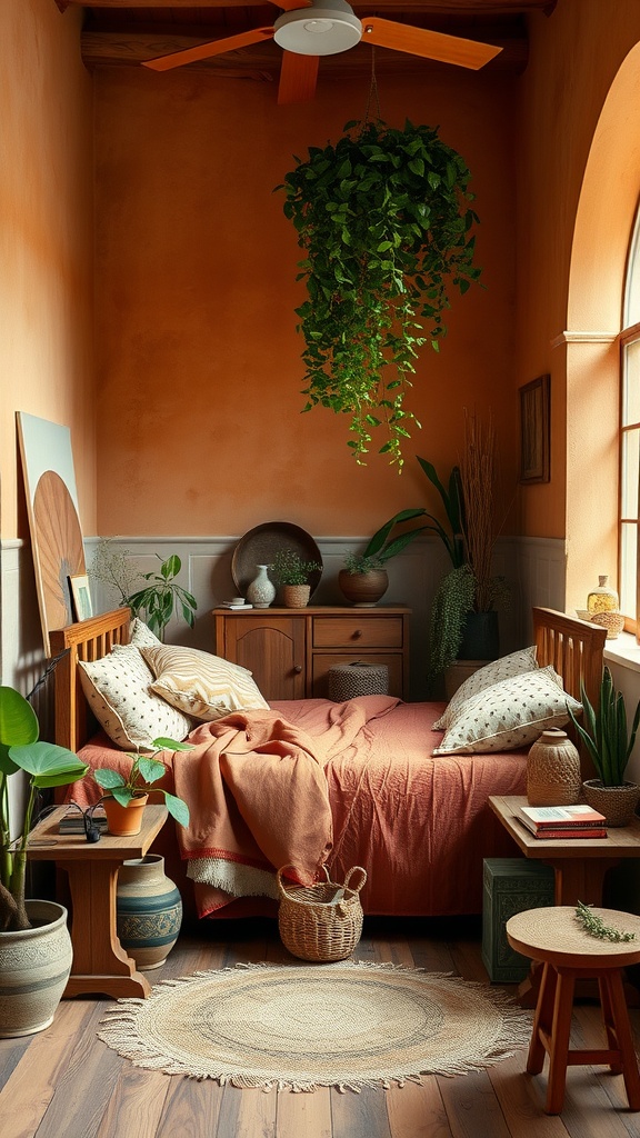 A cozy bedroom featuring terracotta walls, wooden furniture, and plants, creating a warm and inviting atmosphere.