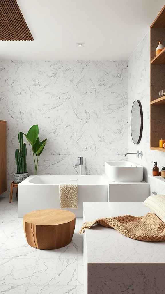 A modern bathroom featuring terrazzo tiles and natural stone accents.