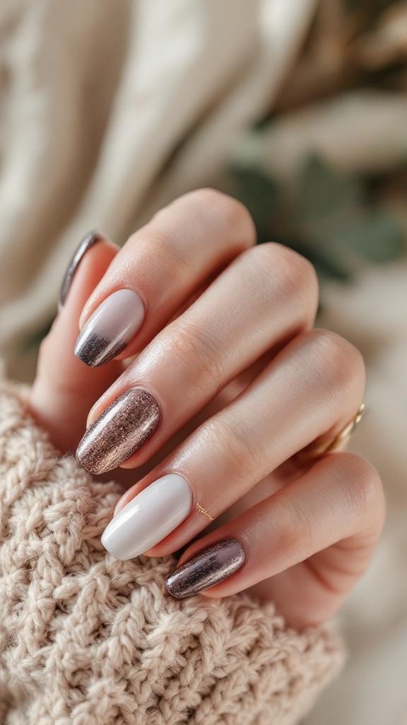 A hand with beautifully manicured nails featuring a mix of glossy and matte finishes in a gradient of creamy white and shimmery brown.