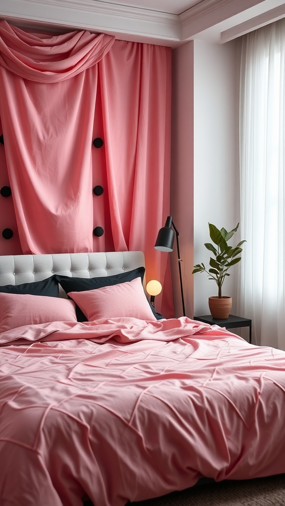 A cozy pink and black bedroom featuring pink bedding, a stylish wall drape, and a potted plant.