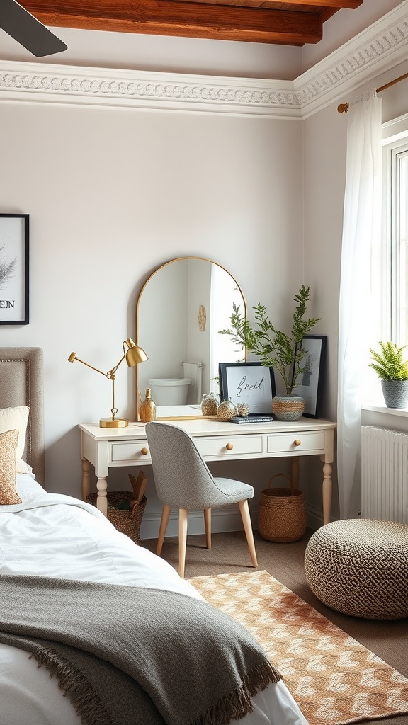 Cozy bedroom with a vanity desk and mixed textures