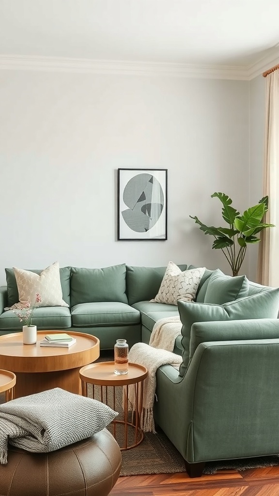 A cozy sage green living room with a sectional sofa, natural fabrics, and a wooden coffee table.