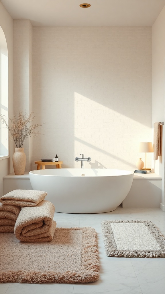 A serene beige bathroom featuring soft towels stacked neatly, textured rugs on the floor, and a modern bathtub.