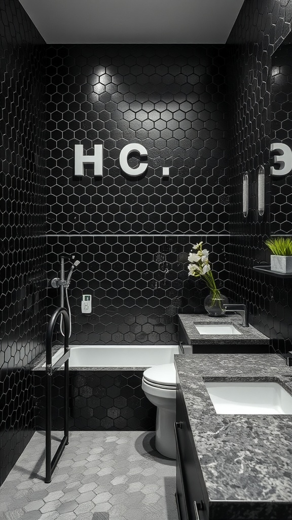 A modern bathroom featuring black hexagon tile flooring, stone countertops, and a sleek bathtub.