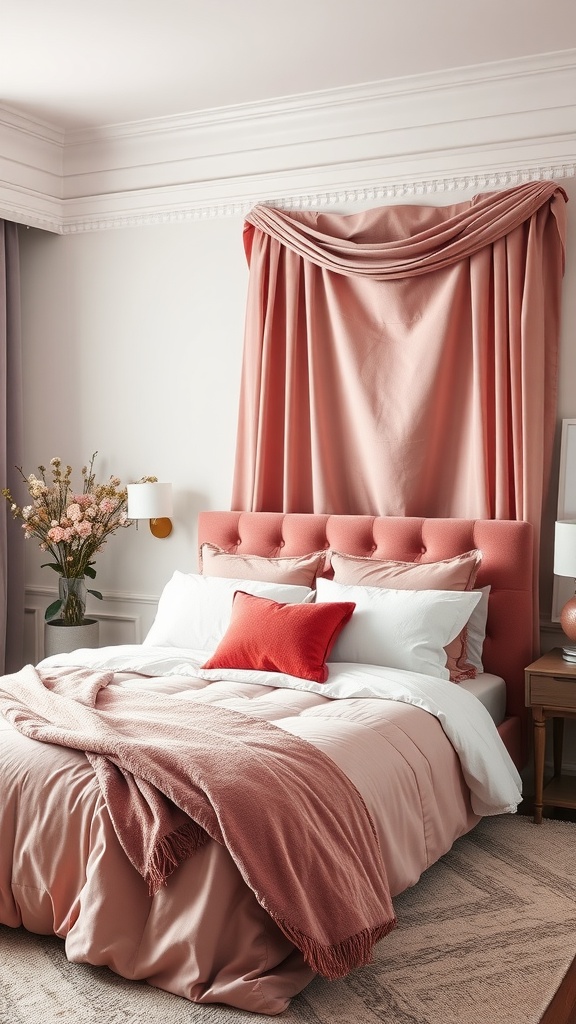 A cozy bedroom featuring a pink velvet headboard, soft linen bedding, and a mix of textures for a stylish look.