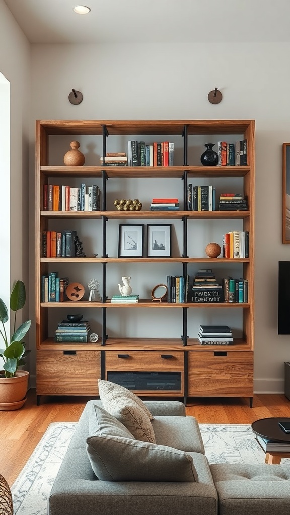 A modern bookshelf made of wood and metal displaying books and decorative items