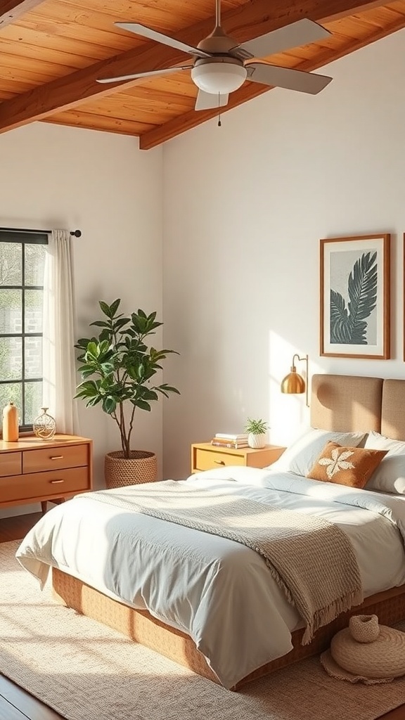 A mid-century modern bedroom featuring a wooden ceiling, cozy bed, and plants.