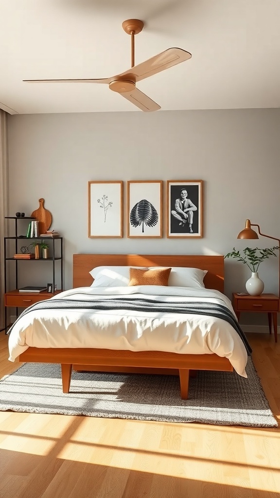 A mid-century modern bedroom featuring a wooden bed, black and white artwork, and contemporary decor.