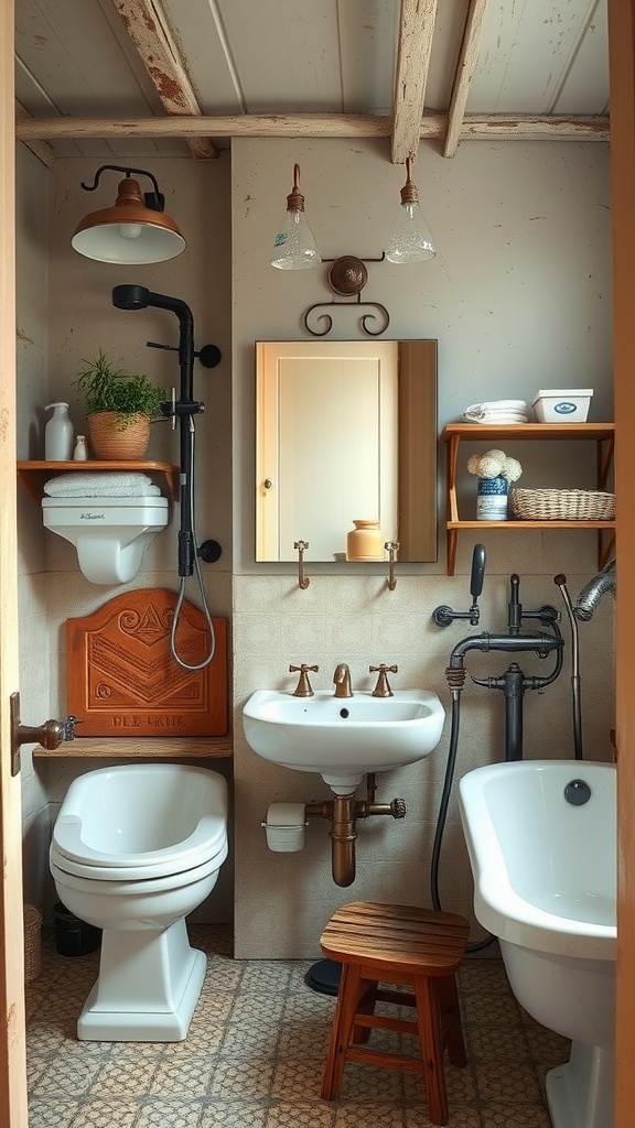 A modern rustic bathroom featuring a mix of vintage and contemporary fixtures, including a freestanding bathtub, stylish sink, and wooden shelves.