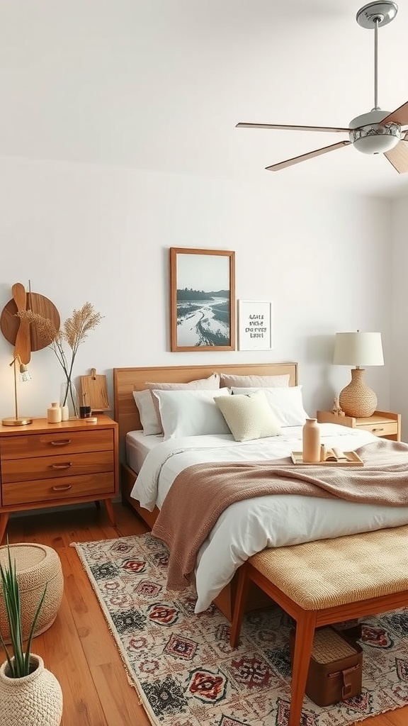 A Scandinavian boho bedroom featuring a mix of vintage and modern decor, with wooden furniture, soft textiles, and artistic wall decor.