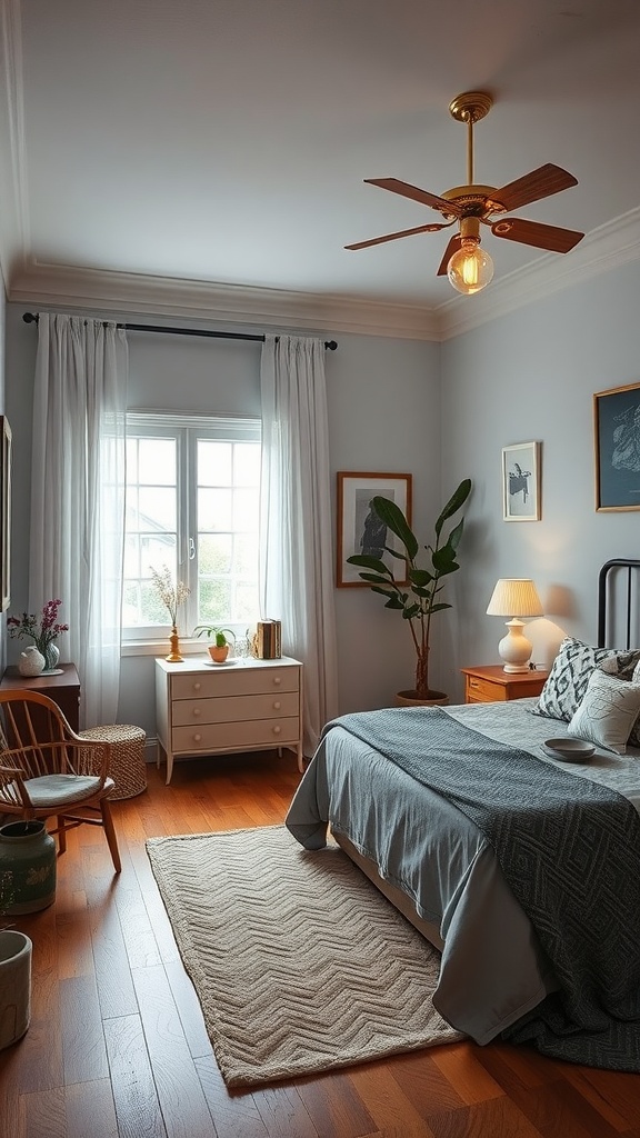 A beautifully designed Scandinavian bedroom showcasing a mix of vintage and modern styles.