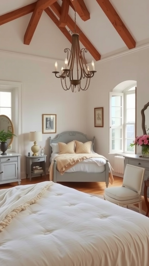 A French country bedroom featuring vintage furniture and modern elements, with exposed wooden beams and a chandelier.