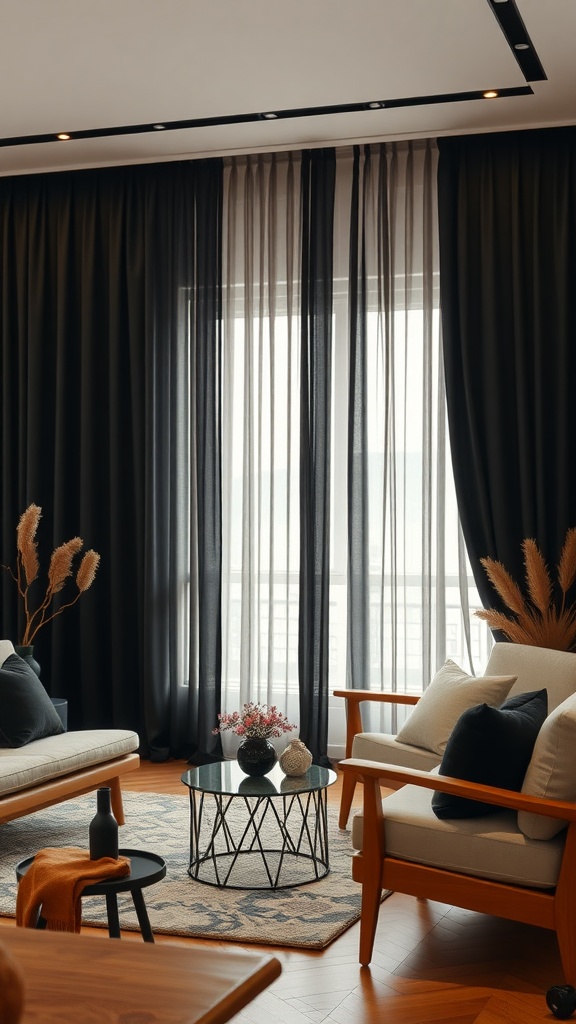 Living room featuring black curtains, wooden furniture, and elegant decor.