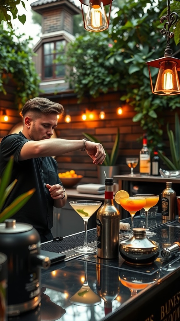 A bartender mixing cocktails in a beautifully decorated backyard bar setting.