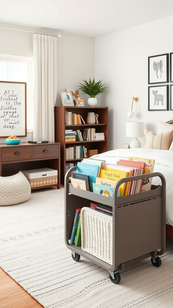 A mobile cart filled with colorful children's books in a nursery setting.
