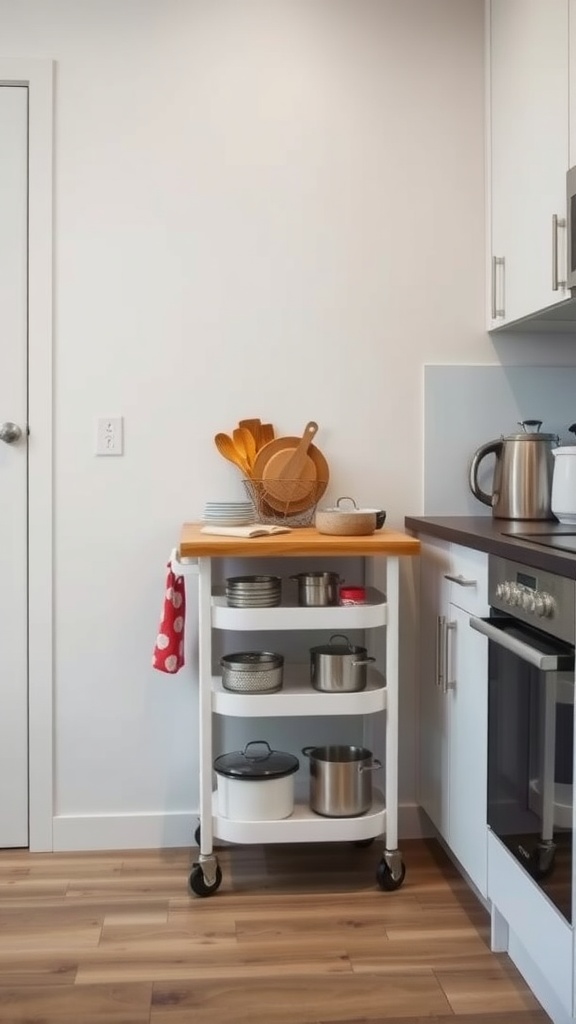 A mobile kitchen cart with pots and utensils in a modern kitchen
