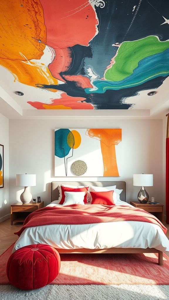 Bedroom with a painted ceiling featuring modern abstract art