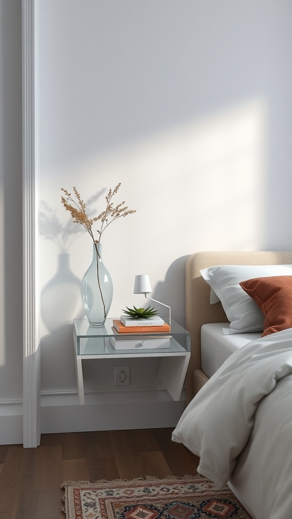 A modern acrylic floating nightstand with a glass top, holding a plant, a lamp, and a few books, next to a bed with decorative pillows.