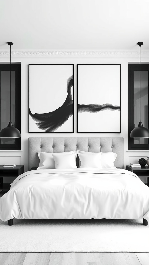 Modern black and white bedroom with statement wall art above the bed.