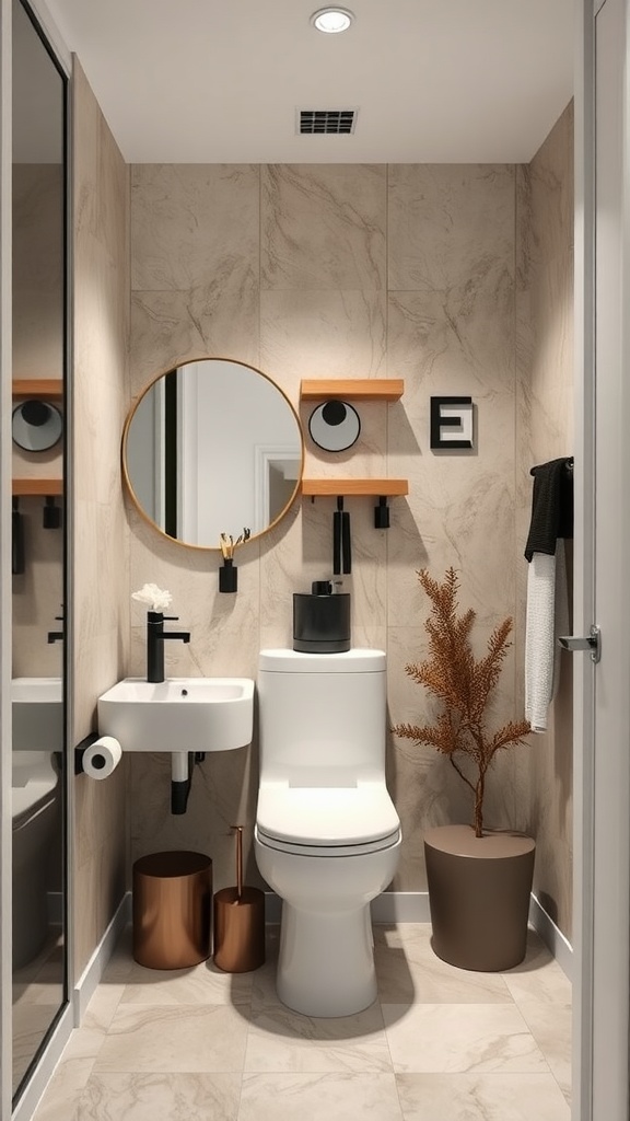 Small modern bathroom featuring a round mirror, wooden shelves, and black fixtures.