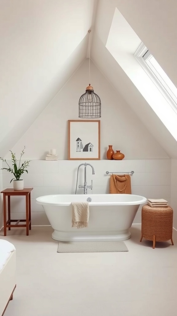 A modern attic bathroom featuring a freestanding tub, sloped ceiling, and stylish decor.