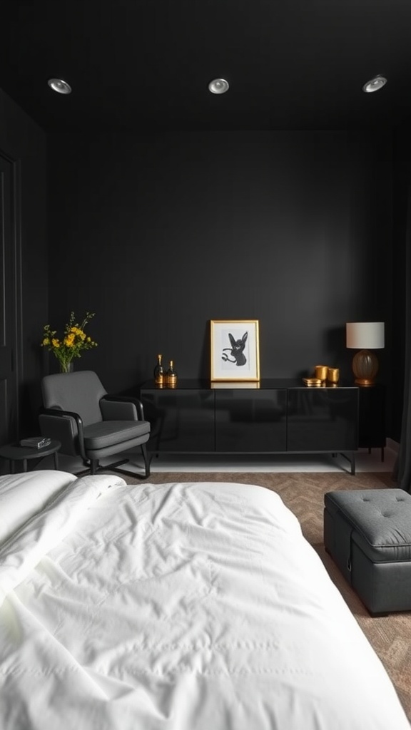 Modern black furniture arrangement in a bedroom with gray armchair, black cabinet, and white bedding.