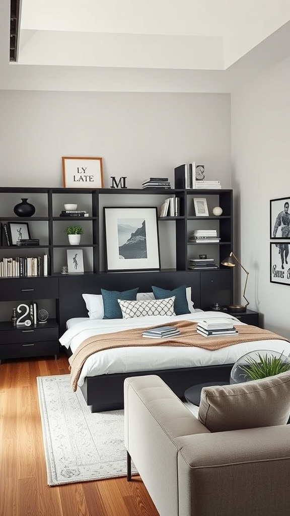Modern black shelving unit in a stylish living room with decorative items and plants.