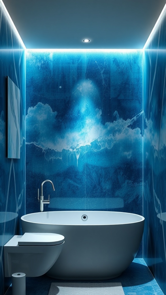 A modern bathroom with vibrant blue wall art featuring clouds, a freestanding tub, and stylish fixtures.