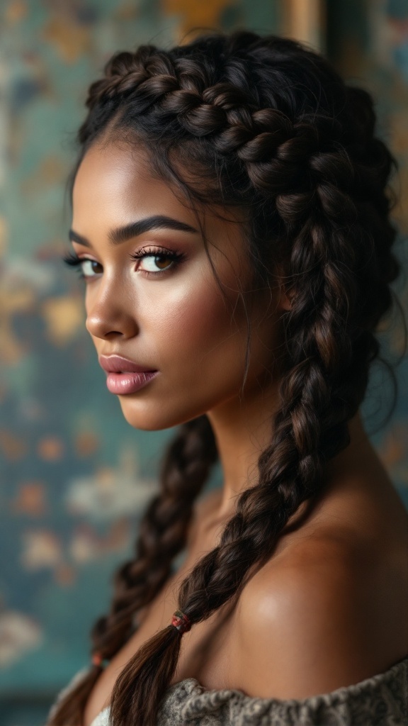 A woman with a modern braided crown hairstyle, featuring two thick braids framing her face.