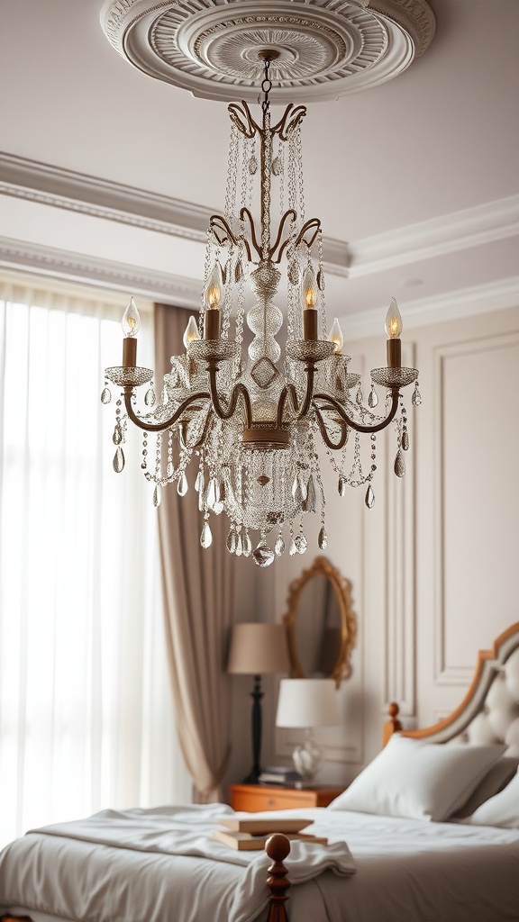 A modern chandelier with crystal details hanging over a stylish bedroom.
